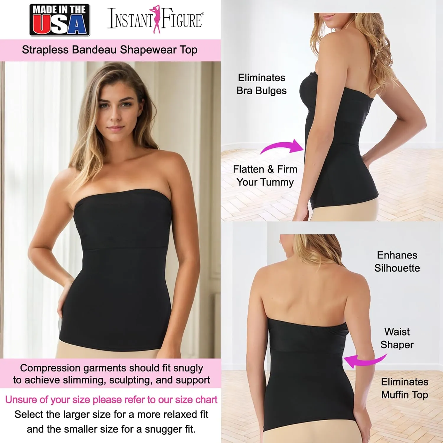 -Made in USA- Strapless Camisole Compression Top Body Shaper Bandeau Shapewear with Slimming Tummy Control