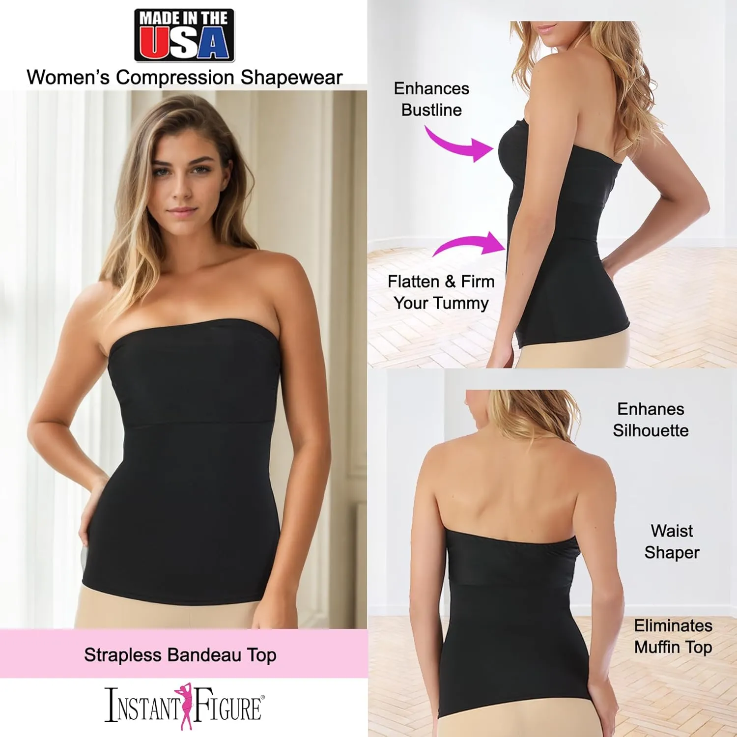 -Made in USA- Strapless Camisole Compression Top Body Shaper Bandeau Shapewear with Slimming Tummy Control