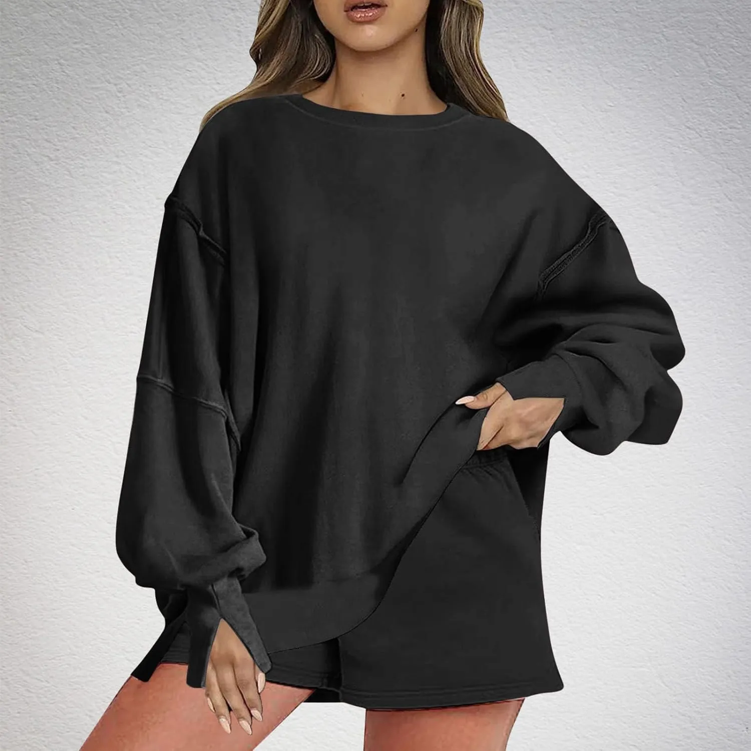 2 Piece Outfits For Women Oversized Crew Neck Sweatshirts And Shorts Tracksuit Set Casual Fall Sweatsuit Lounge Sets