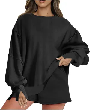 2 Piece Outfits For Women Oversized Crew Neck Sweatshirts And Shorts Tracksuit Set Casual Fall Sweatsuit Lounge Sets