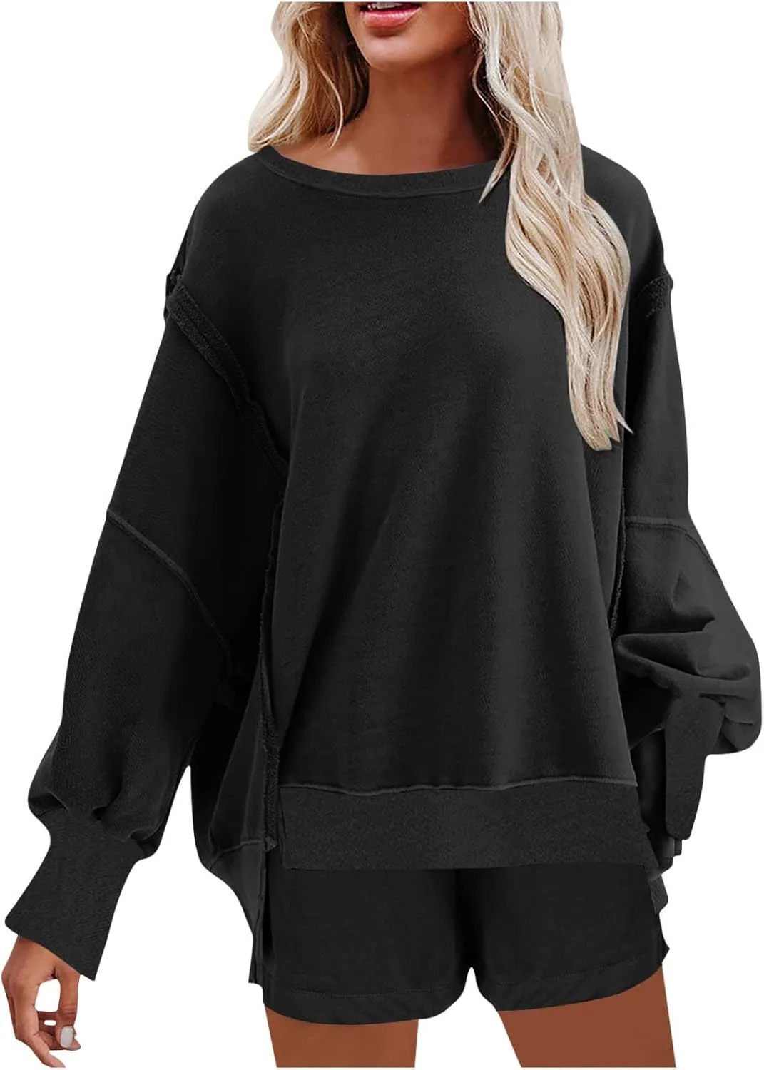 2 Piece Outfits For Women Oversized Crew Neck Sweatshirts And Shorts Tracksuit Set Casual Fall Sweatsuit Lounge Sets