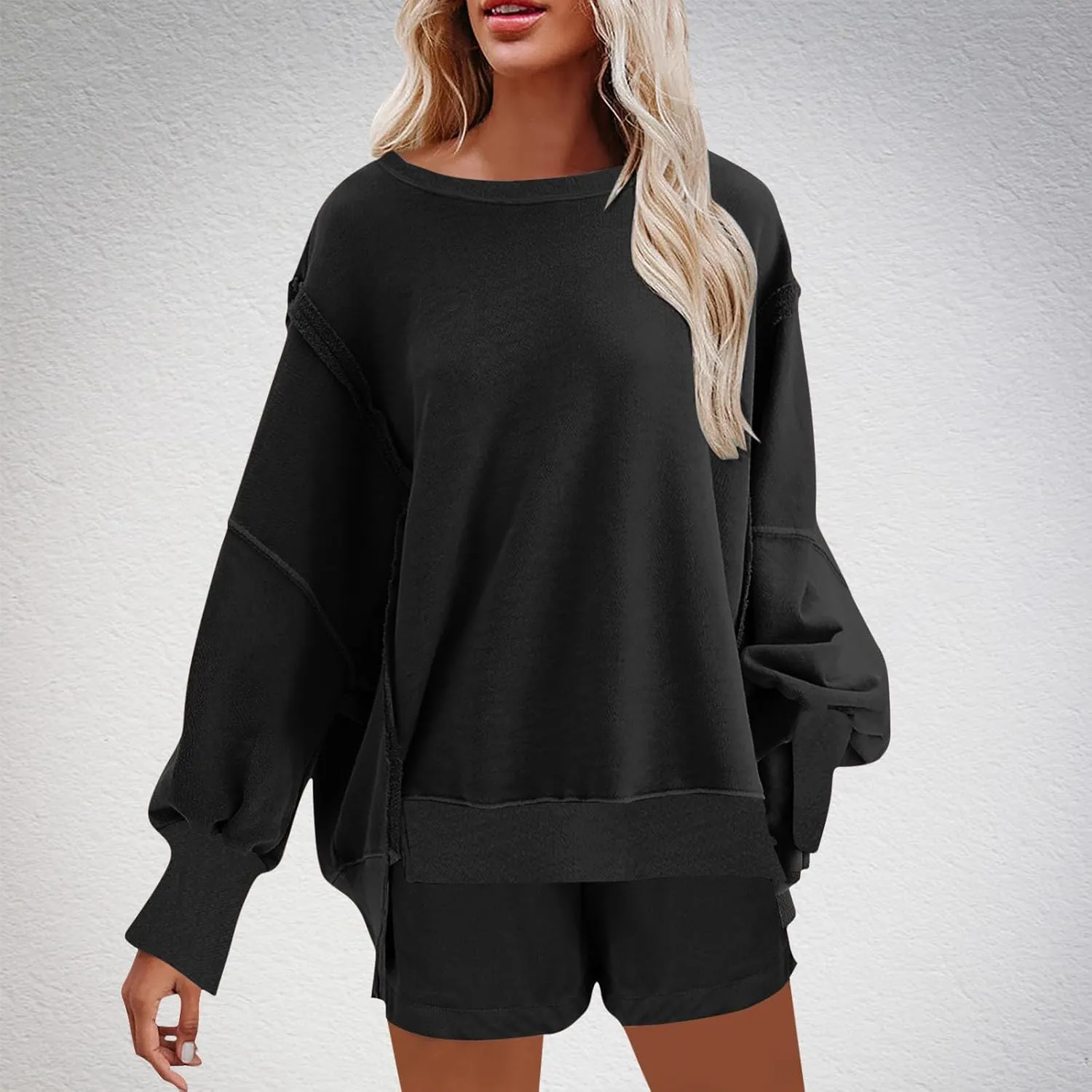 2 Piece Outfits For Women Oversized Crew Neck Sweatshirts And Shorts Tracksuit Set Casual Fall Sweatsuit Lounge Sets
