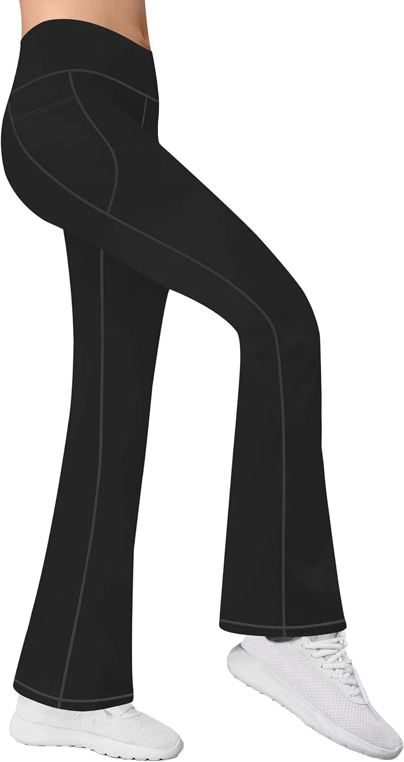 AENLLEY Girls Stretchy Flare Yoga Pants with Pockets - High Waisted Wide Leg Activewear Leggings for Kids