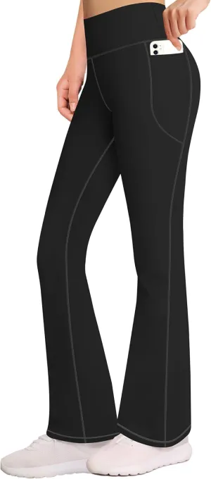 AENLLEY Girls Stretchy Flare Yoga Pants with Pockets - High Waisted Wide Leg Activewear Leggings for Kids