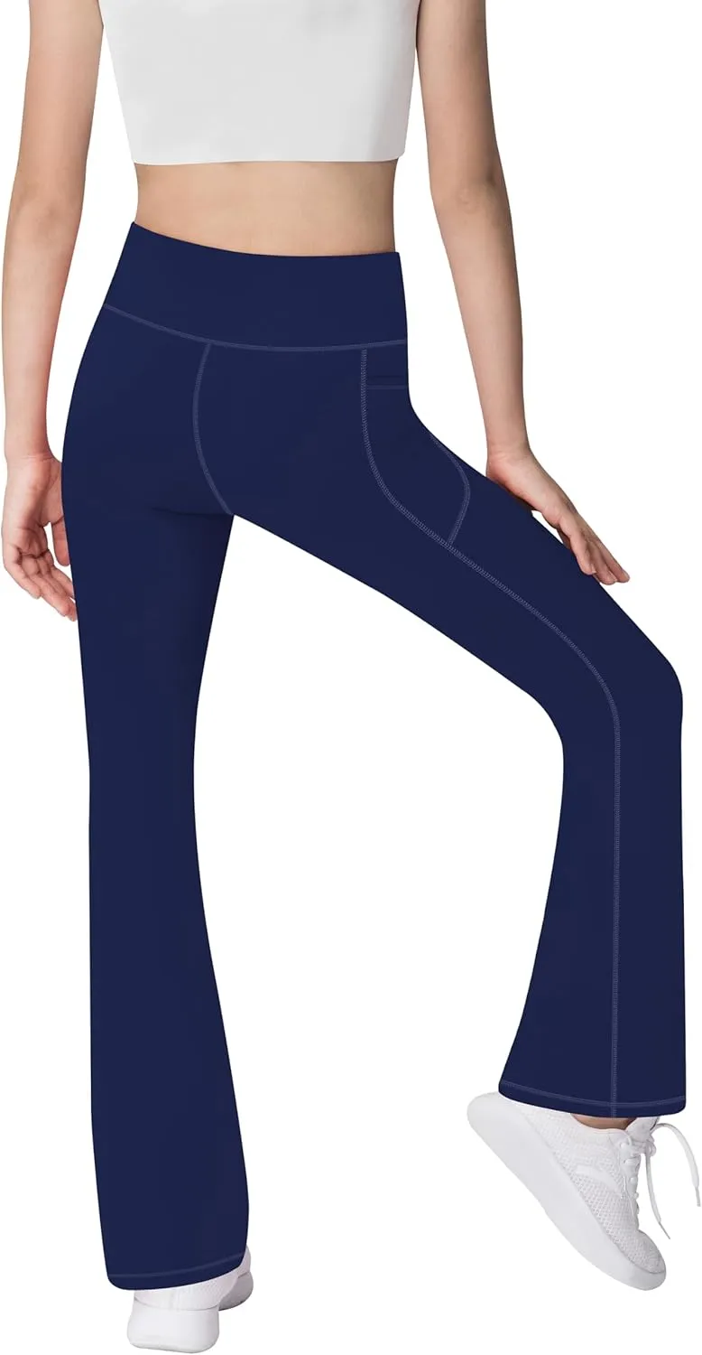 AENLLEY Girls Stretchy Flare Yoga Pants with Pockets - High Waisted Wide Leg Activewear Leggings for Kids