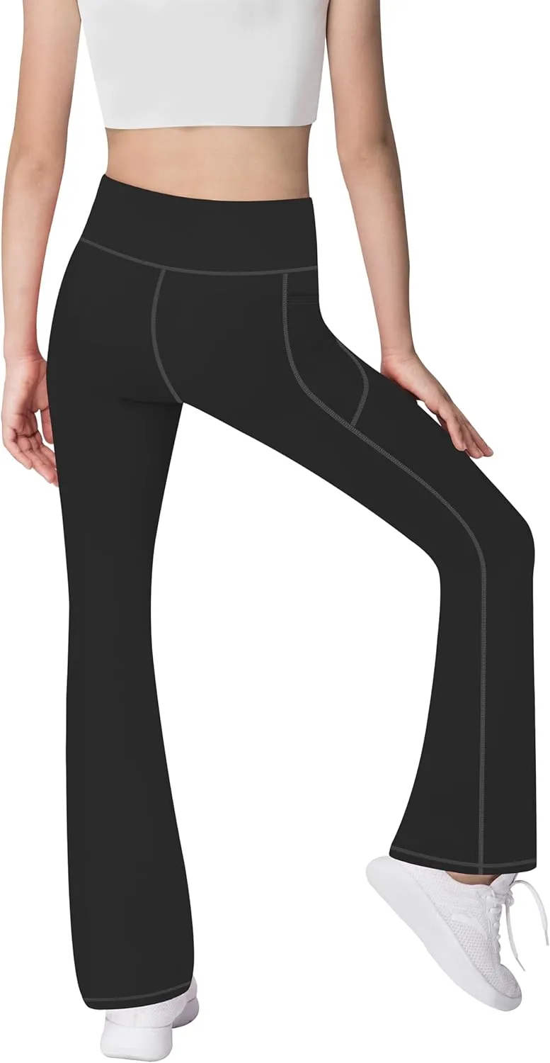 AENLLEY Girls Stretchy Flare Yoga Pants with Pockets - High Waisted Wide Leg Activewear Leggings for Kids