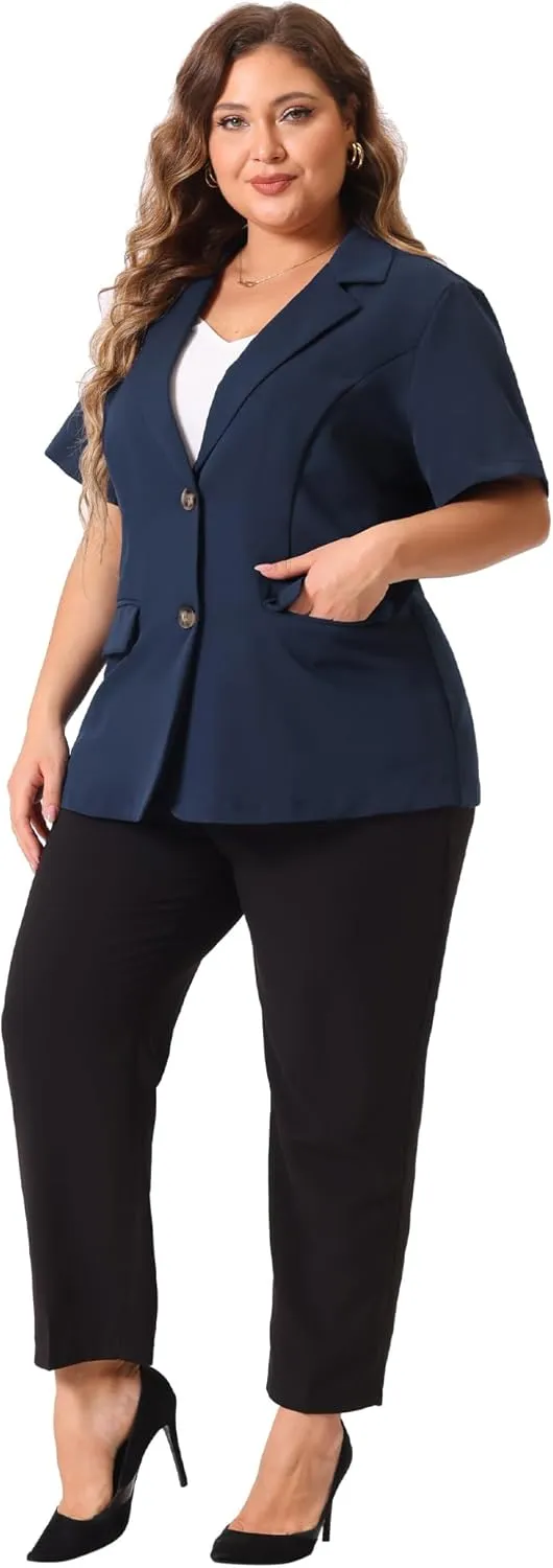 Agnes Orinda Plus Size Casual Blazers for Women Short Sleeve Notched Lapel Button Work Office Blazer Suit Jacket