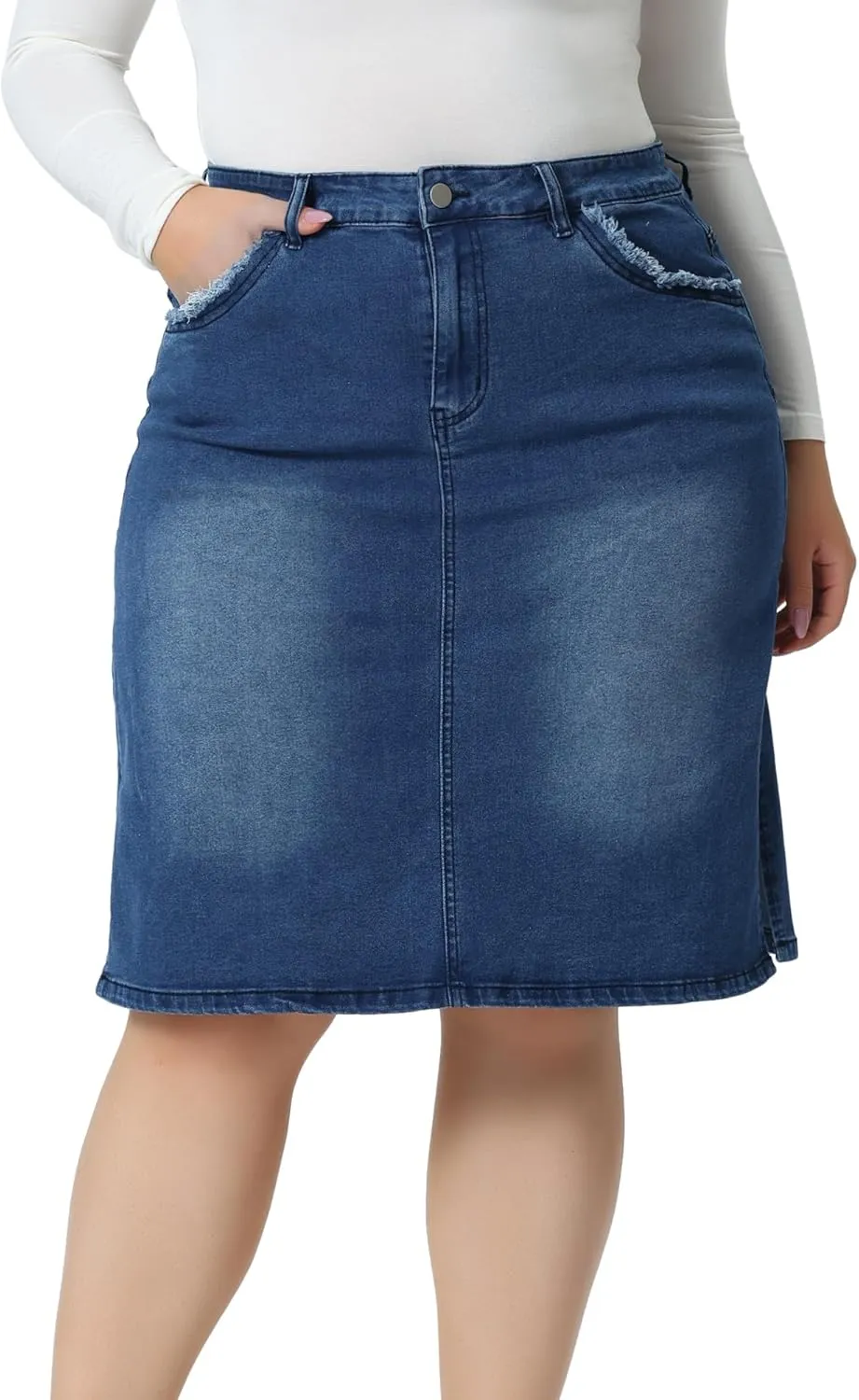 Agnes Orinda Plus Size Denim Skirts for Women Classic Stretch Elastic Waist Side Split A Line Jean Skirt