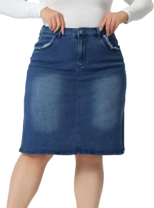 Agnes Orinda Plus Size Denim Skirts for Women Classic Stretch Elastic Waist Side Split A Line Jean Skirt