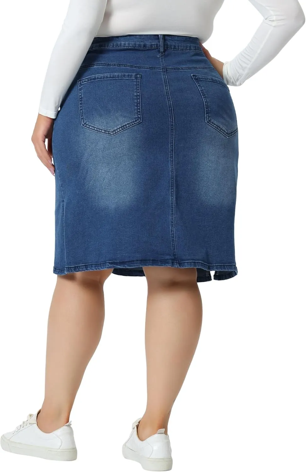 Agnes Orinda Plus Size Denim Skirts for Women Classic Stretch Elastic Waist Side Split A Line Jean Skirt