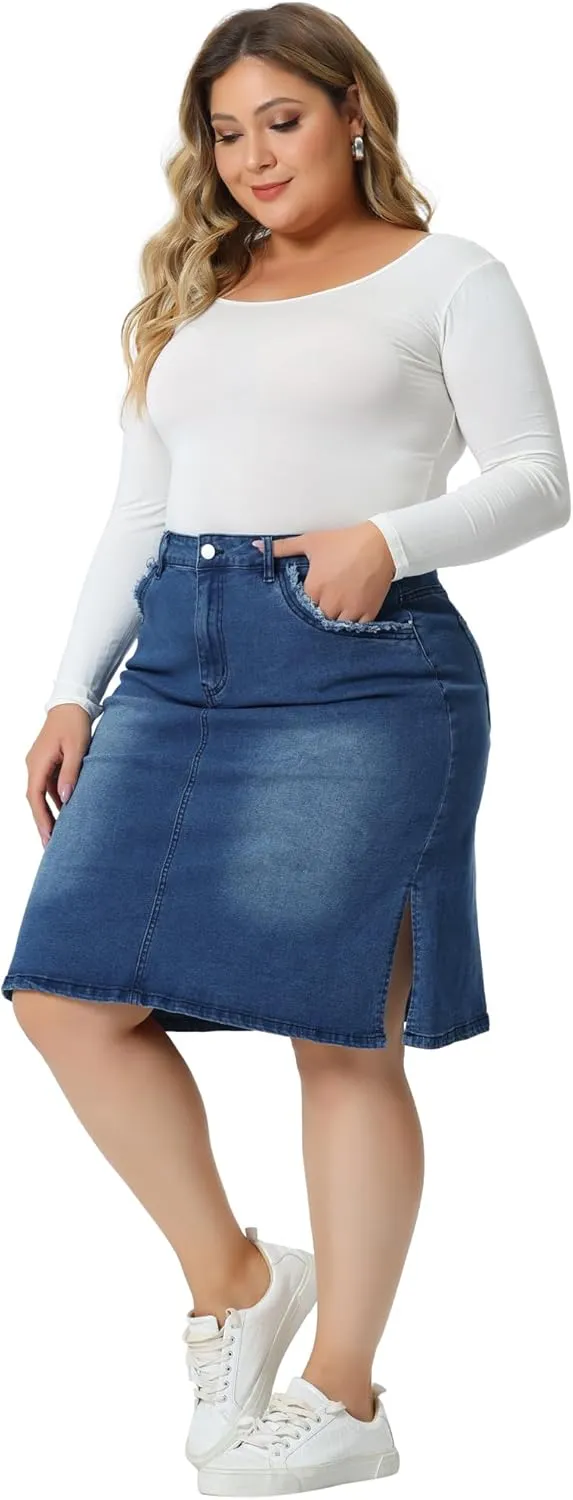 Agnes Orinda Plus Size Denim Skirts for Women Classic Stretch Elastic Waist Side Split A Line Jean Skirt