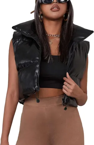 Ailoqing Womens Faux Leather Puffer Vest Zip Up Sleeveless Winter Cropped Jacket