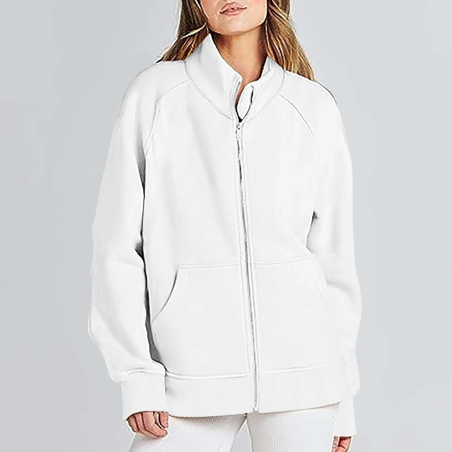Akklian Women's Full Zip Up Jackets No Hood Long Sleeve Loose Fit Sweatshirts Solid Fashion Casual Cardigan Tops with Pockets