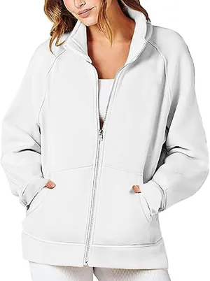 Akklian Women's Full Zip Up Jackets No Hood Long Sleeve Loose Fit Sweatshirts Solid Fashion Casual Cardigan Tops with Pockets