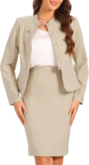 Allegra K 2 Piece Suit Skirt Set for Women's Business Casual Peplum Hem Long Sleeve Blazer and Pencil Skirt