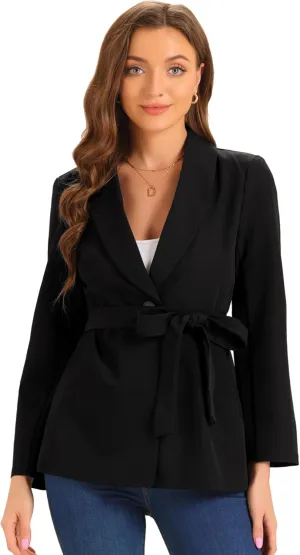 Allegra K Elegant Blazer for Women's Long Sleeve Shawl Collar Belted Button Work Suit Jackets