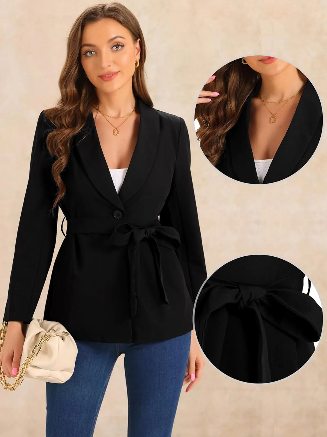 Allegra K Elegant Blazer for Women's Long Sleeve Shawl Collar Belted Button Work Suit Jackets