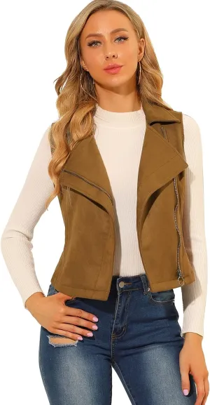 Allegra K Women's Faux Suede Vest Casual Sleeveless Biker Jacket