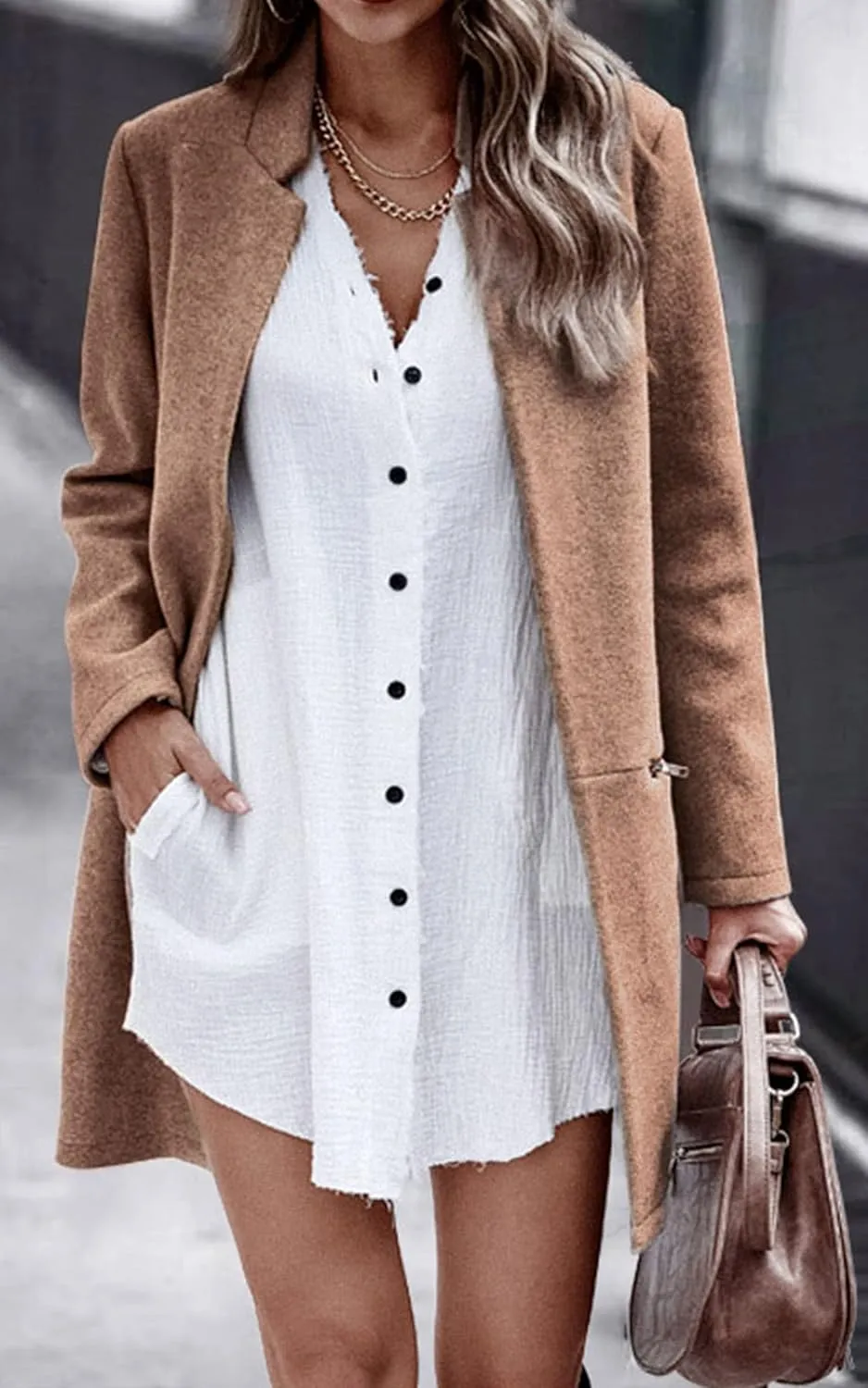 Angashion Womens Coat, Long Sleeve Stand Collar Cardigan Mid-Long Open Front Outwear Overcoat with Zipper Pockets