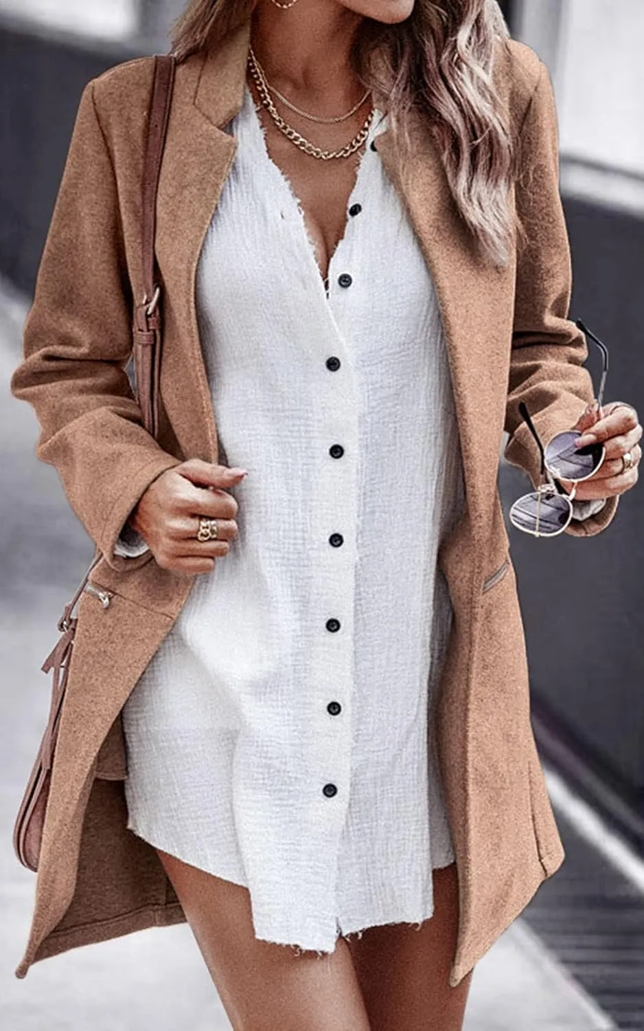 Angashion Womens Coat, Long Sleeve Stand Collar Cardigan Mid-Long Open Front Outwear Overcoat with Zipper Pockets