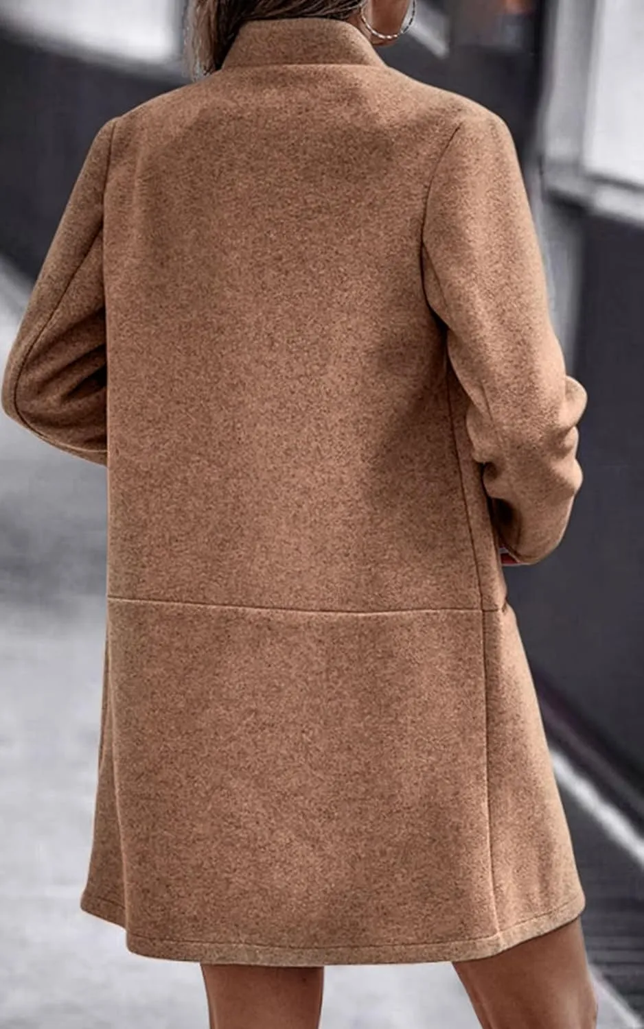 Angashion Womens Coat, Long Sleeve Stand Collar Cardigan Mid-Long Open Front Outwear Overcoat with Zipper Pockets