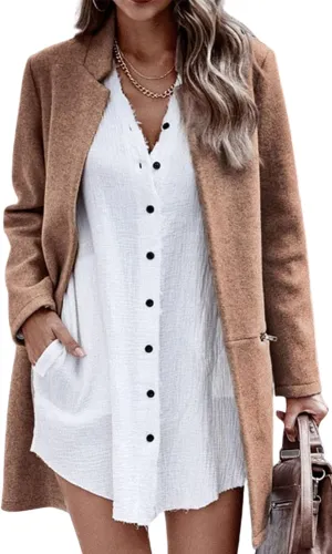 Angashion Womens Coat, Long Sleeve Stand Collar Cardigan Mid-Long Open Front Outwear Overcoat with Zipper Pockets