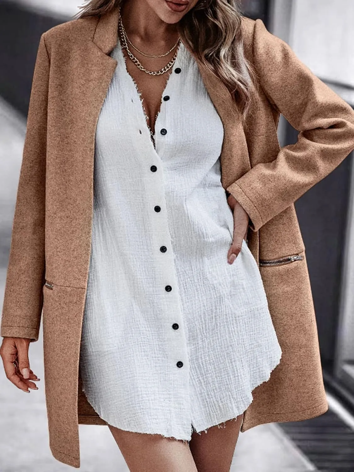 Angashion Womens Coat, Long Sleeve Stand Collar Cardigan Mid-Long Open Front Outwear Overcoat with Zipper Pockets
