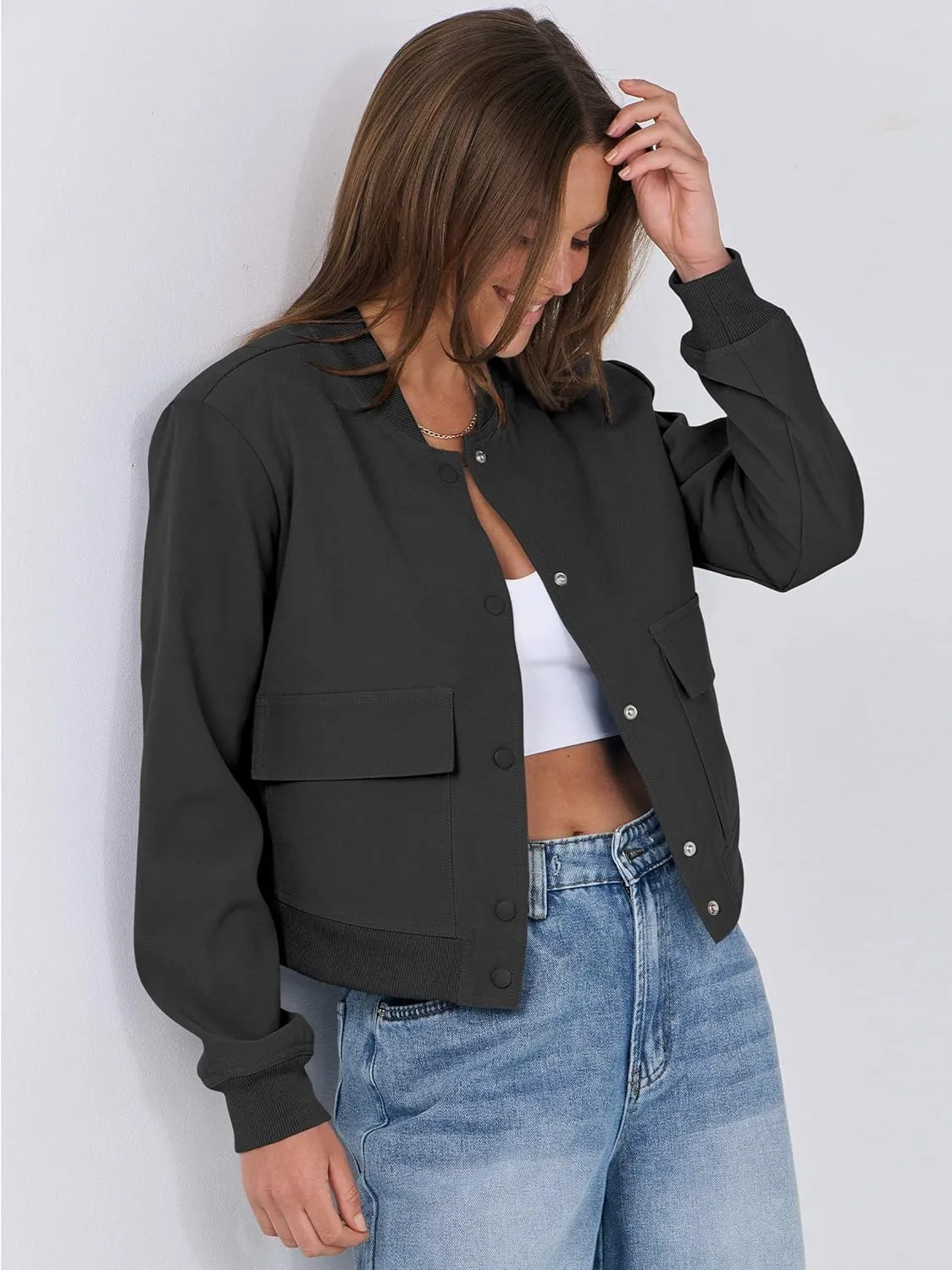 ANRABESS Womens Bomber Jacket Button Cropped Casual Varsity Jackets Shackets Fall Trendy Fashion Travel Outfits with Pockets