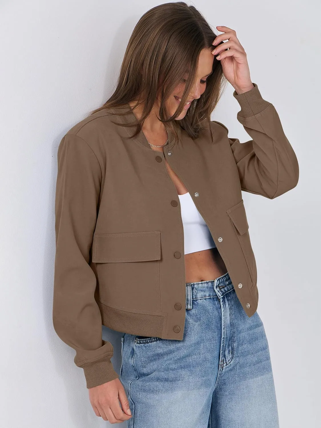 ANRABESS Womens Bomber Jacket Button Cropped Casual Varsity Jackets Shackets Fall Trendy Fashion Travel Outfits with Pockets