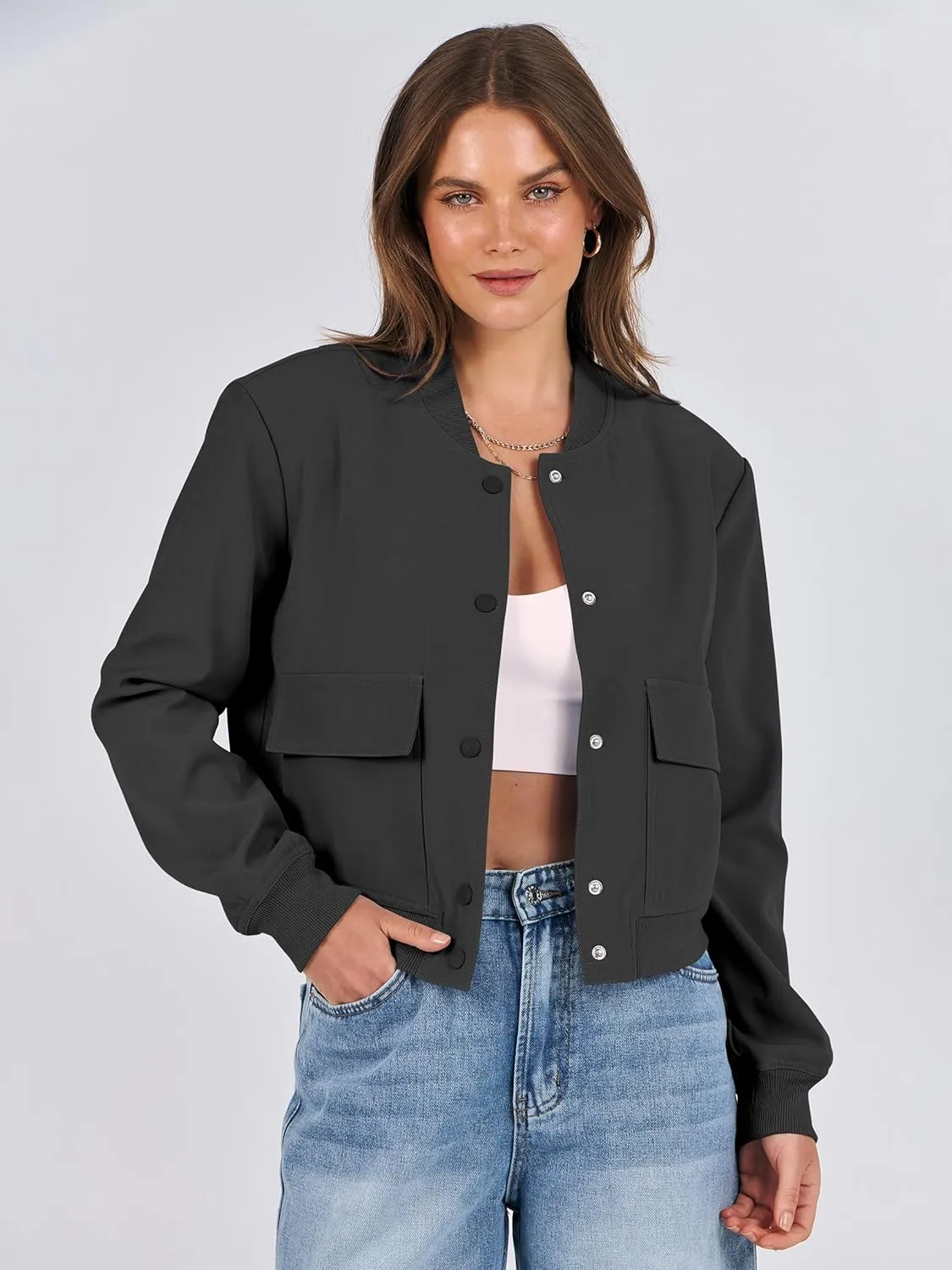 ANRABESS Womens Bomber Jacket Button Cropped Casual Varsity Jackets Shackets Fall Trendy Fashion Travel Outfits with Pockets