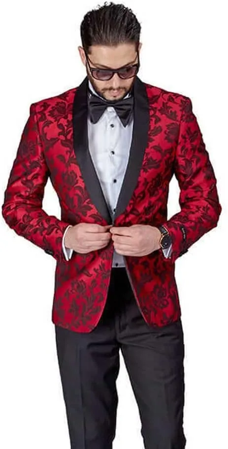 AZAR MAN Slim Fit 1 Button Shawl Lapel Black Satin Collar Floral Tuxedo Dinner Jacket Blazer