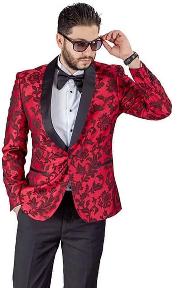 AZAR MAN Slim Fit 1 Button Shawl Lapel Black Satin Collar Floral Tuxedo Dinner Jacket Blazer