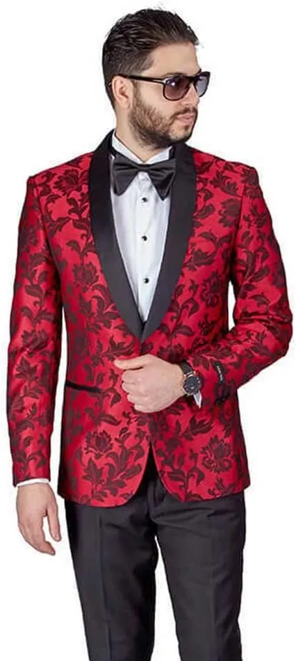 AZAR MAN Slim Fit 1 Button Shawl Lapel Black Satin Collar Floral Tuxedo Dinner Jacket Blazer