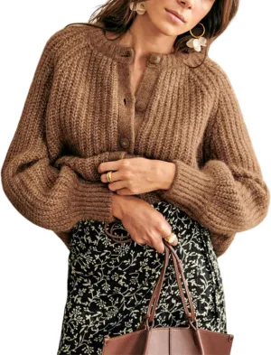 Bianstore Women's Casual Long Sleeve Crewneck Button Down Cardigan Sweater Knit Outwear
