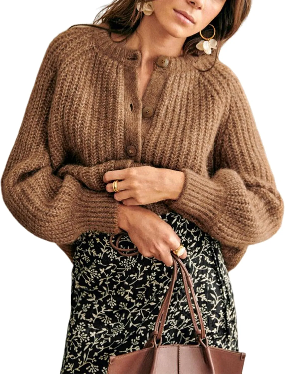 Bianstore Women's Casual Long Sleeve Crewneck Button Down Cardigan Sweater Knit Outwear