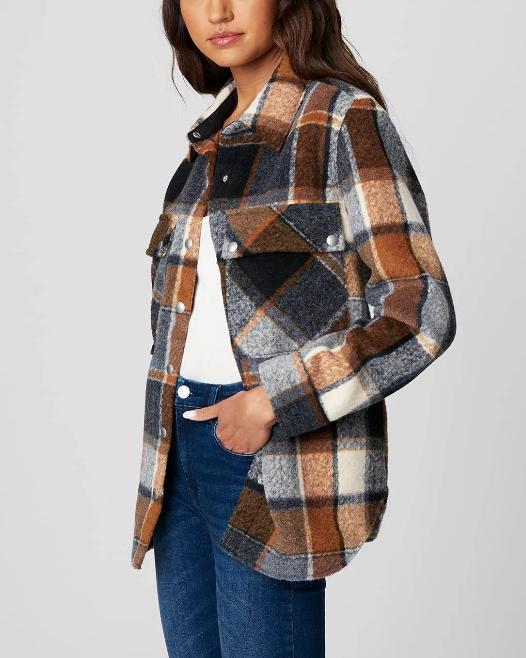 [BLANKNYC] Womens Luxury Clothing Plaid Shirt Jacket, Stylish Shacket & Trendy Coat, Hit The Trail, X-Small