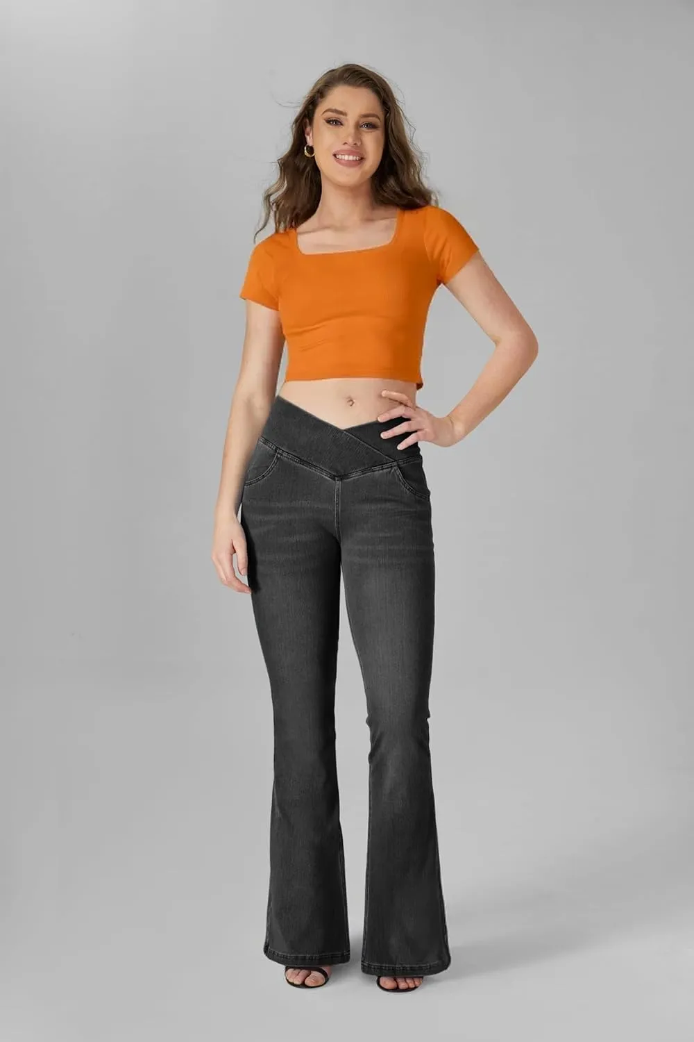 BlueRose Flare Jean Leggings for Women,Bell Bottom Jeans for Women Knit Crossover High Waisted Bootcut Jean