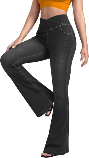 BlueRose Flare Jean Leggings for Women,Bell Bottom Jeans for Women Knit Crossover High Waisted Bootcut Jean