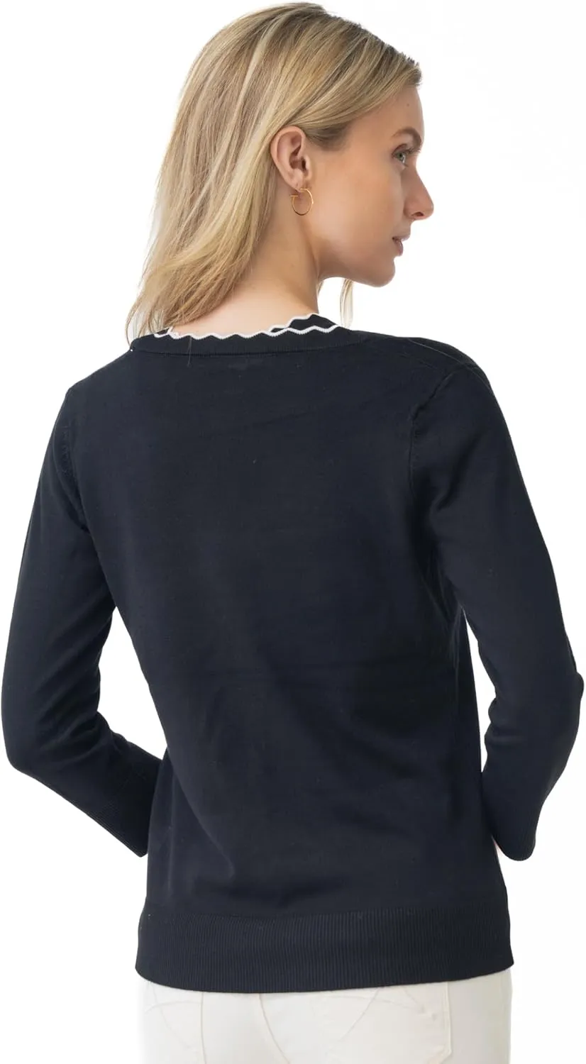 Cable & Gauge Women's 3/4 Sleeve Crew Neck Scallop Trim Cardigan Sweater