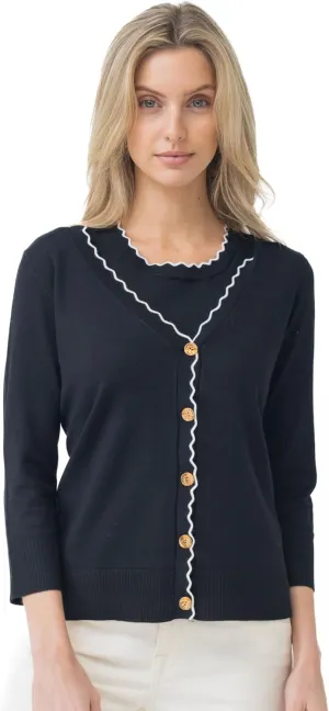 Cable & Gauge Women's 3/4 Sleeve Crew Neck Scallop Trim Cardigan Sweater