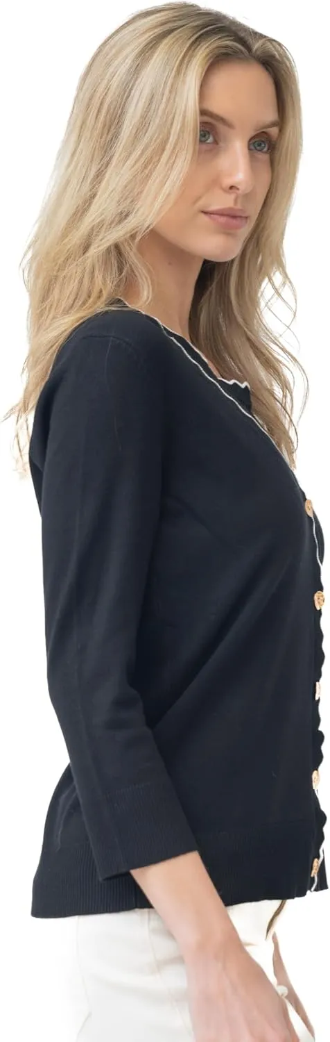 Cable & Gauge Women's 3/4 Sleeve Crew Neck Scallop Trim Cardigan Sweater