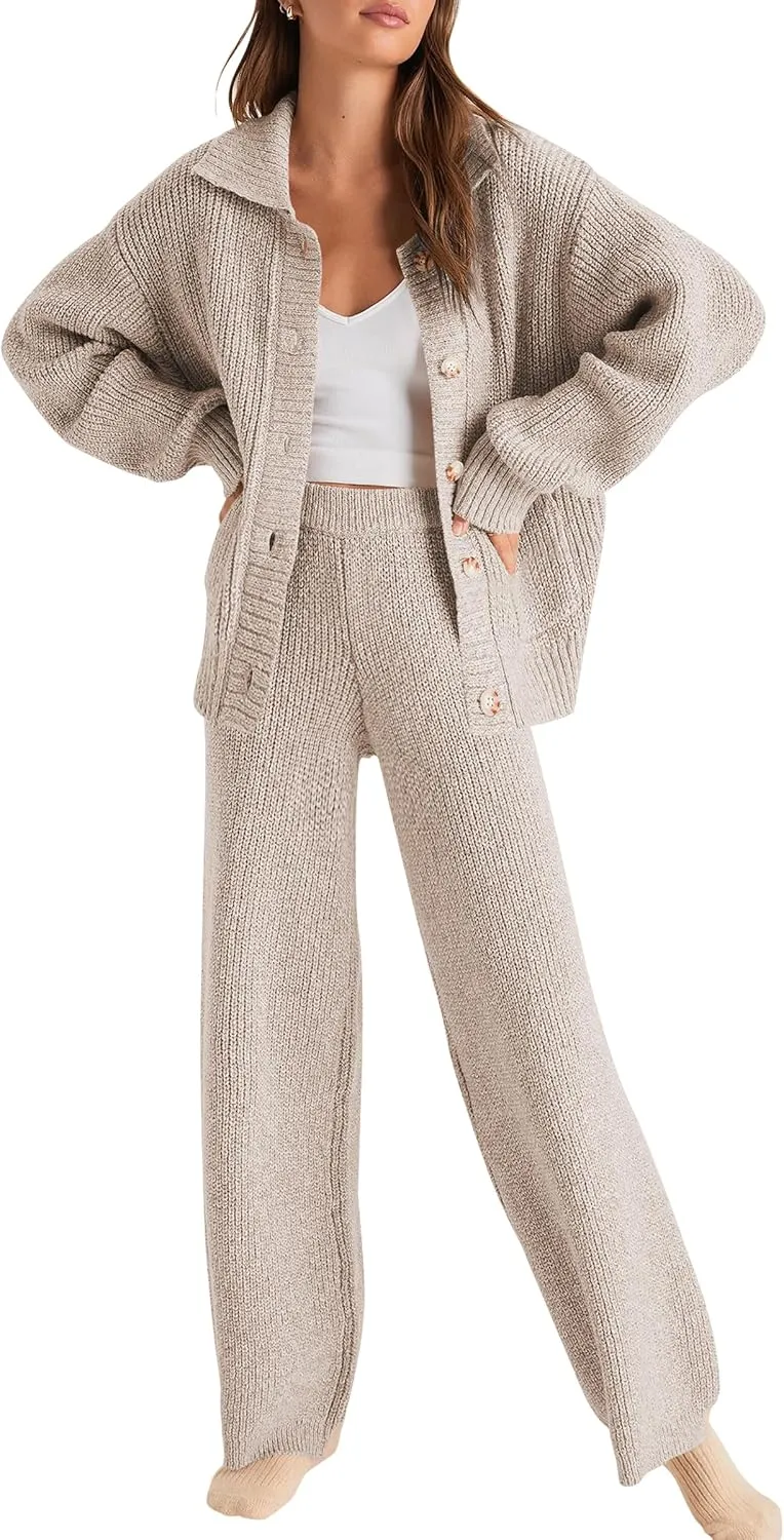 Cakulo Womens 2024 Lounge Sets 2 Piece Outfits Fall Button Sweater Matching Set Wide Leg Loungewear Sweatsuits