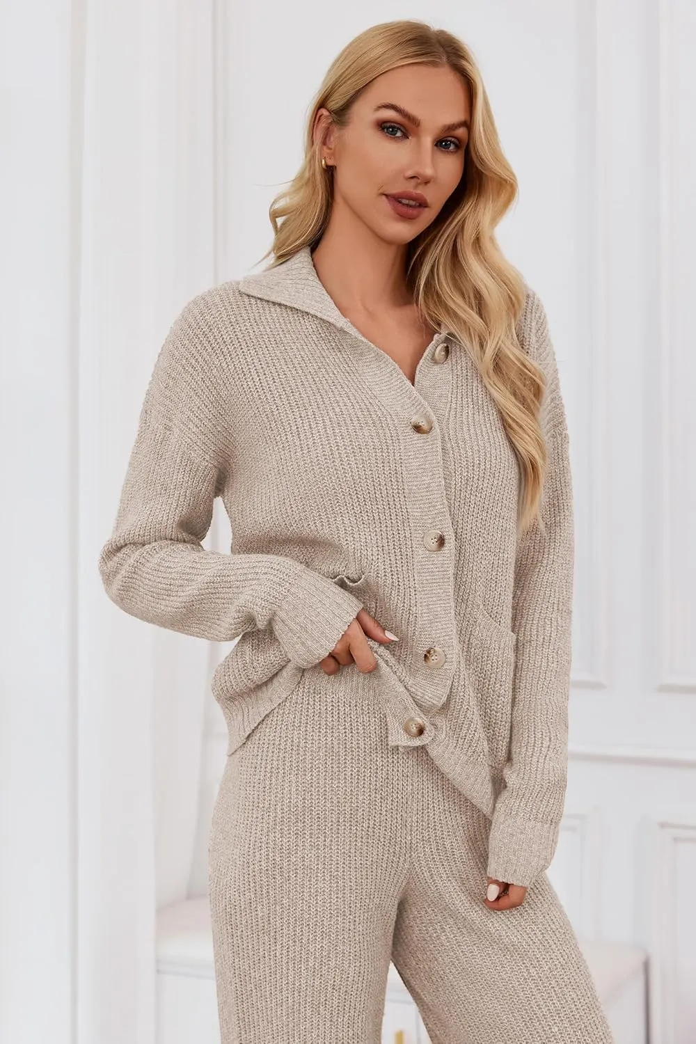 Cakulo Womens 2024 Lounge Sets 2 Piece Outfits Fall Button Sweater Matching Set Wide Leg Loungewear Sweatsuits