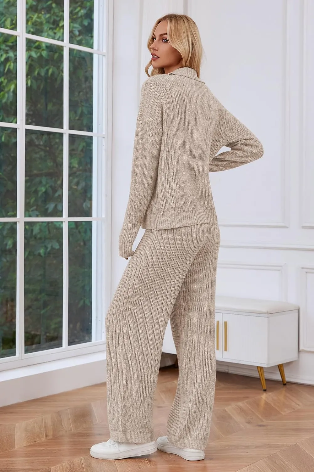 Cakulo Womens 2024 Lounge Sets 2 Piece Outfits Fall Button Sweater Matching Set Wide Leg Loungewear Sweatsuits
