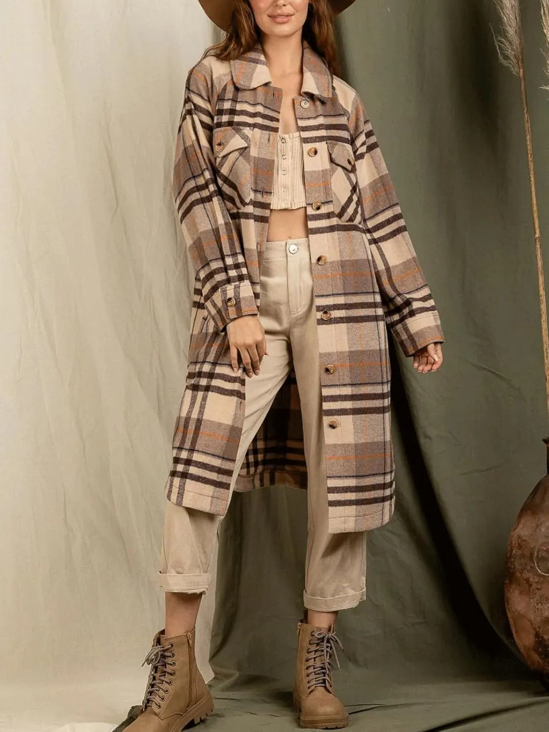 CHARTOU Women's Winter Plaid Trench Coat Turndown Collar Button Down Jacket Loose Long Pea Coat with Pockets