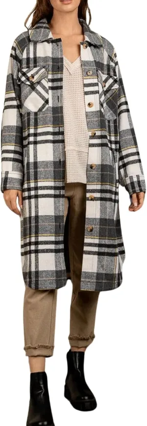 CHARTOU Women's Winter Plaid Trench Coat Turndown Collar Button Down Jacket Loose Long Pea Coat with Pockets