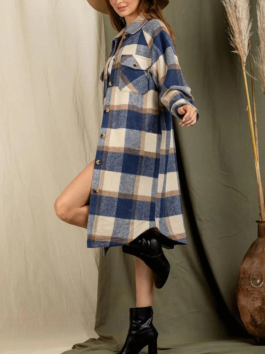 CHARTOU Women's Winter Plaid Trench Coat Turndown Collar Button Down Jacket Loose Long Pea Coat with Pockets