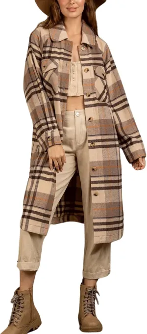 CHARTOU Women's Winter Plaid Trench Coat Turndown Collar Button Down Jacket Loose Long Pea Coat with Pockets