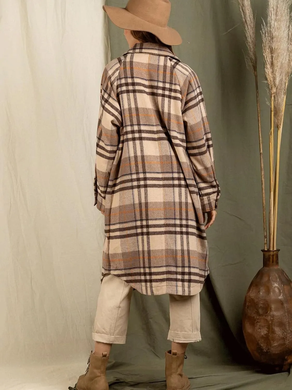 CHARTOU Women's Winter Plaid Trench Coat Turndown Collar Button Down Jacket Loose Long Pea Coat with Pockets