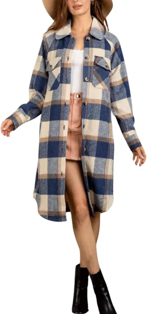 CHARTOU Women's Winter Plaid Trench Coat Turndown Collar Button Down Jacket Loose Long Pea Coat with Pockets